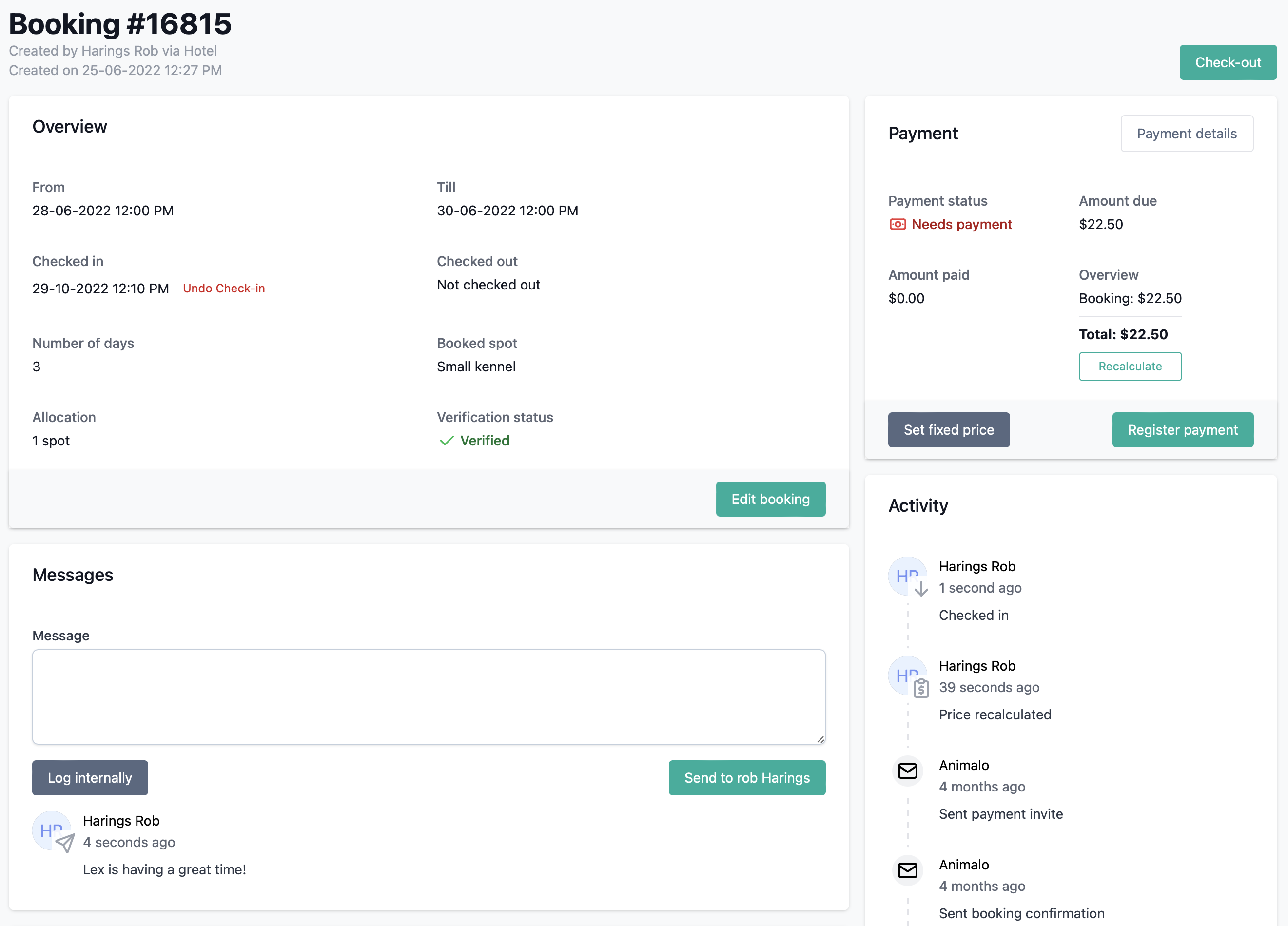 Animalo booking #16815: overview, check-in/out dates, payment status $22.50, messages and activity log