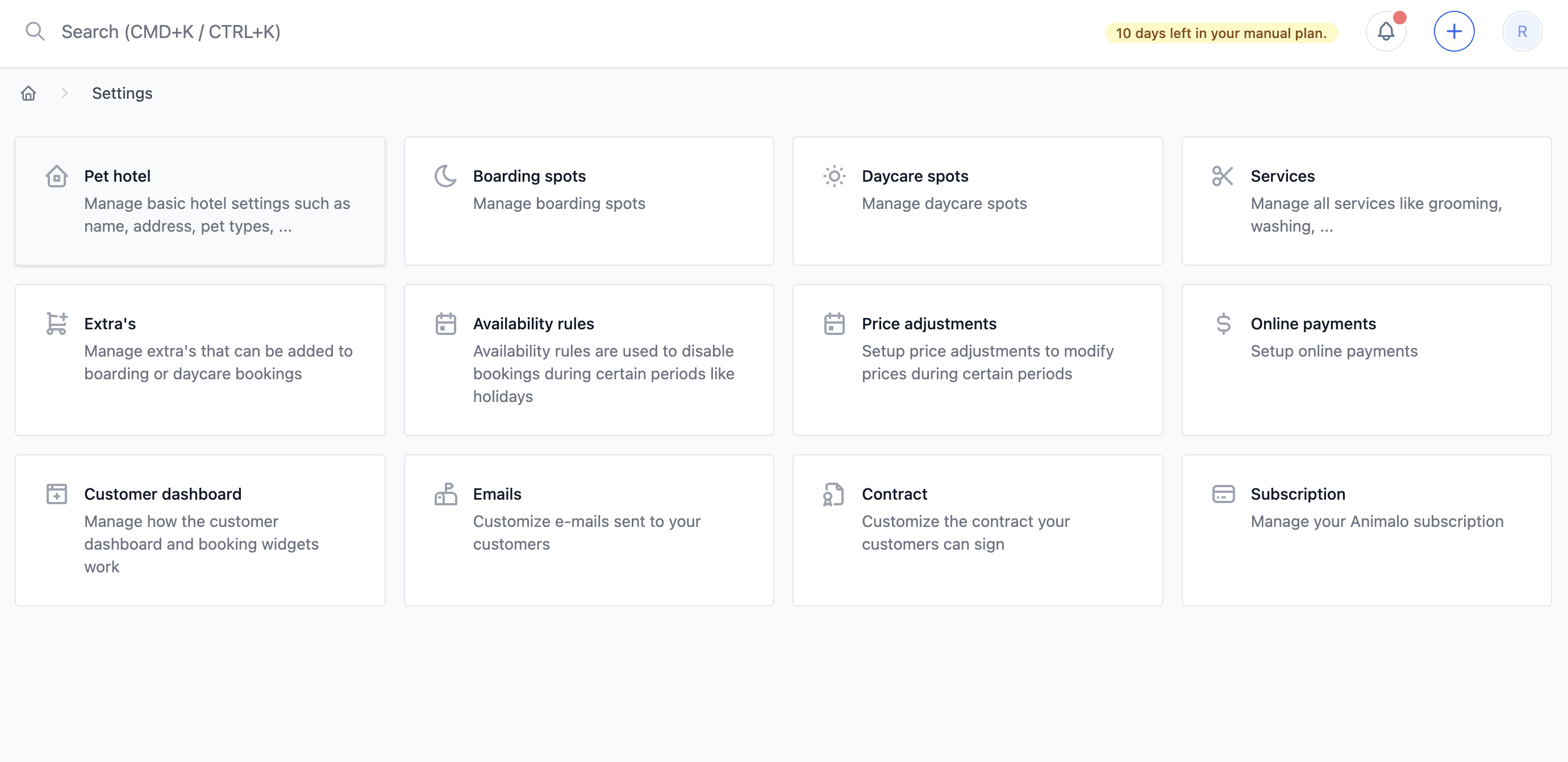 Animalo settings: pet hotel configuration, boarding spots, daycare spots, services, extras, availability rules, online payments, customer dashboard, emails, contracts and subscription